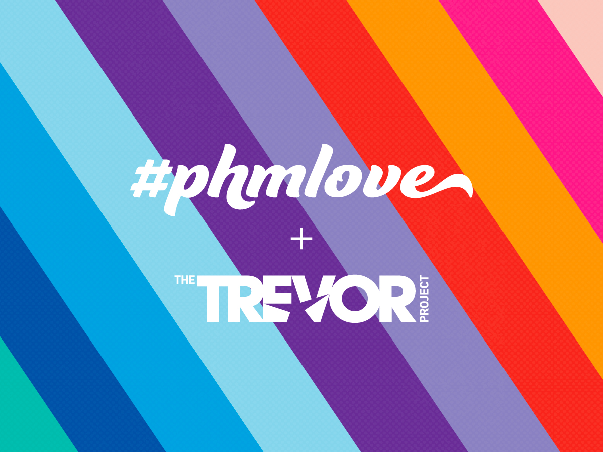 PHMLove and The Trevor Project Logos on Inclusive Color Background